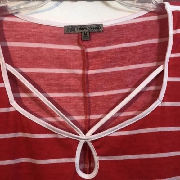 Striped Red Top Cold Shoulder Tunic Blouse Keyhole Womens Casual - Picture 4 of 10